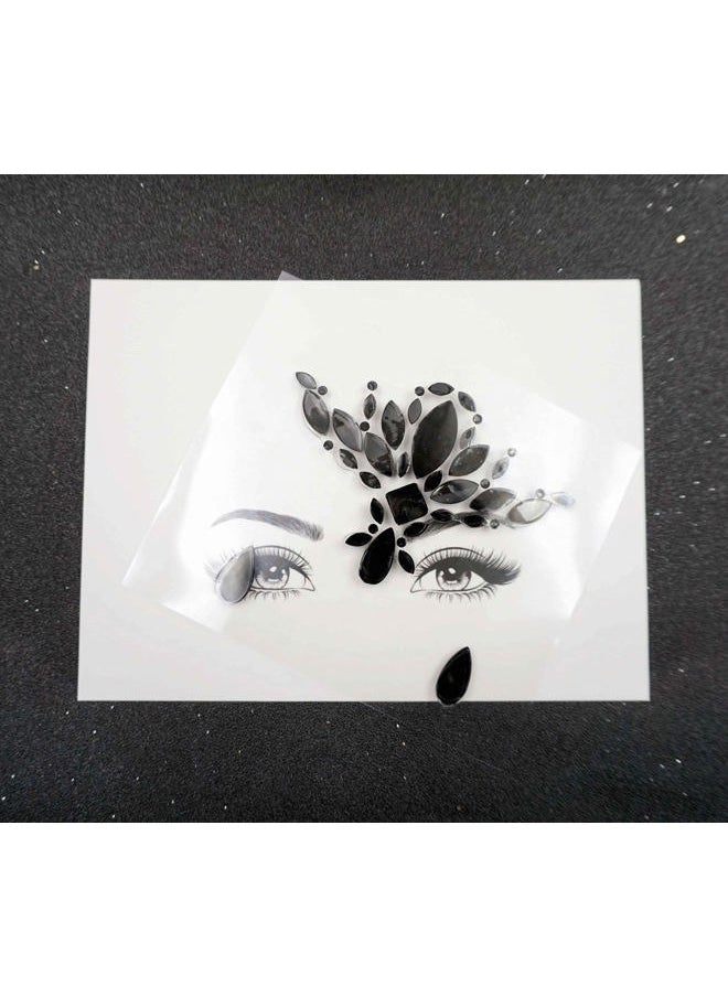 Black Flower Face Jewels for Halloween Costume Makeup - Cat Women Mermaid Day of the Dead Gems Stick-on Tattoos Fairy Accessories (Black-S095)