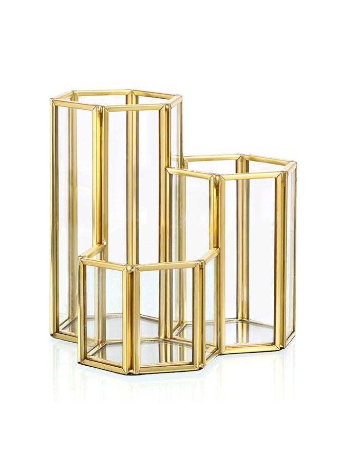 3 Slots Glass Makeup Brush Holder - Gold Hexagon Cosmetics Brush Eyeliners Display Cup Home Decorative Makeup Organizer Desktop Pen/Pencil Pot Holder for Office