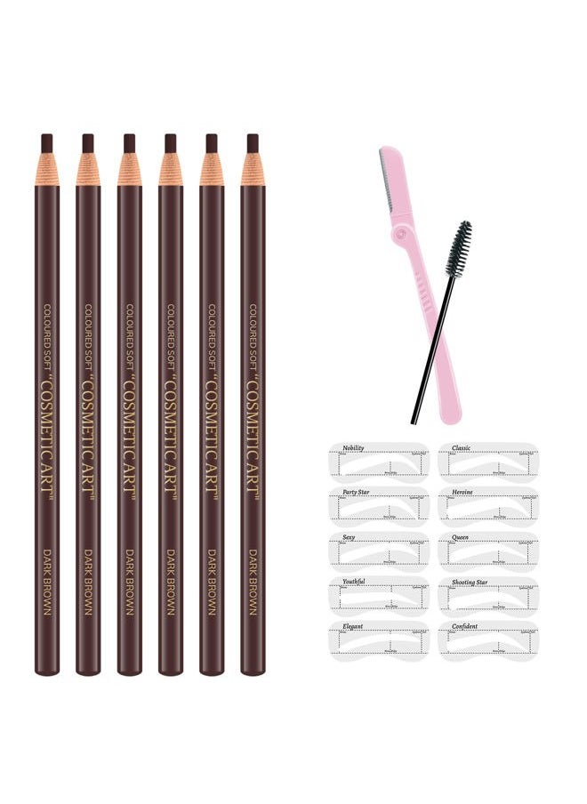 6 Pcs Pull Cord Peel-off Eyebrow Pencil Tattoo Makeup and Microblading Supplies Set for Marking, Filling and Outlining, Waterproof and Durable Permanent Eyebrow Liner -Dark Brown