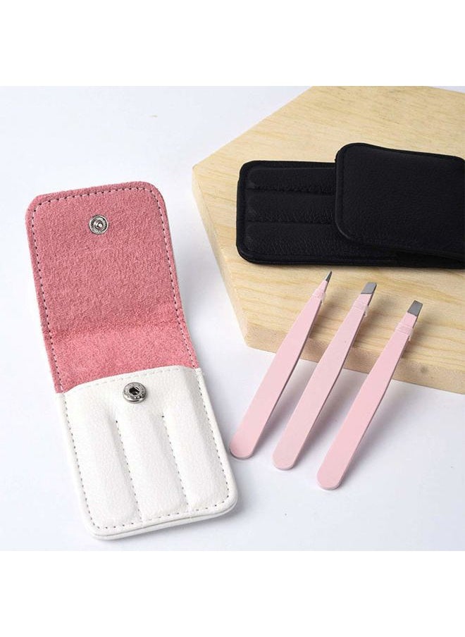3Pcs Professional Stainless Steel Eyebrow Hair Removal Tweezer Set Brow Remover Tweezer Clips Beauty Tools with PU Leather Travel Case for Women and Girls, Pink