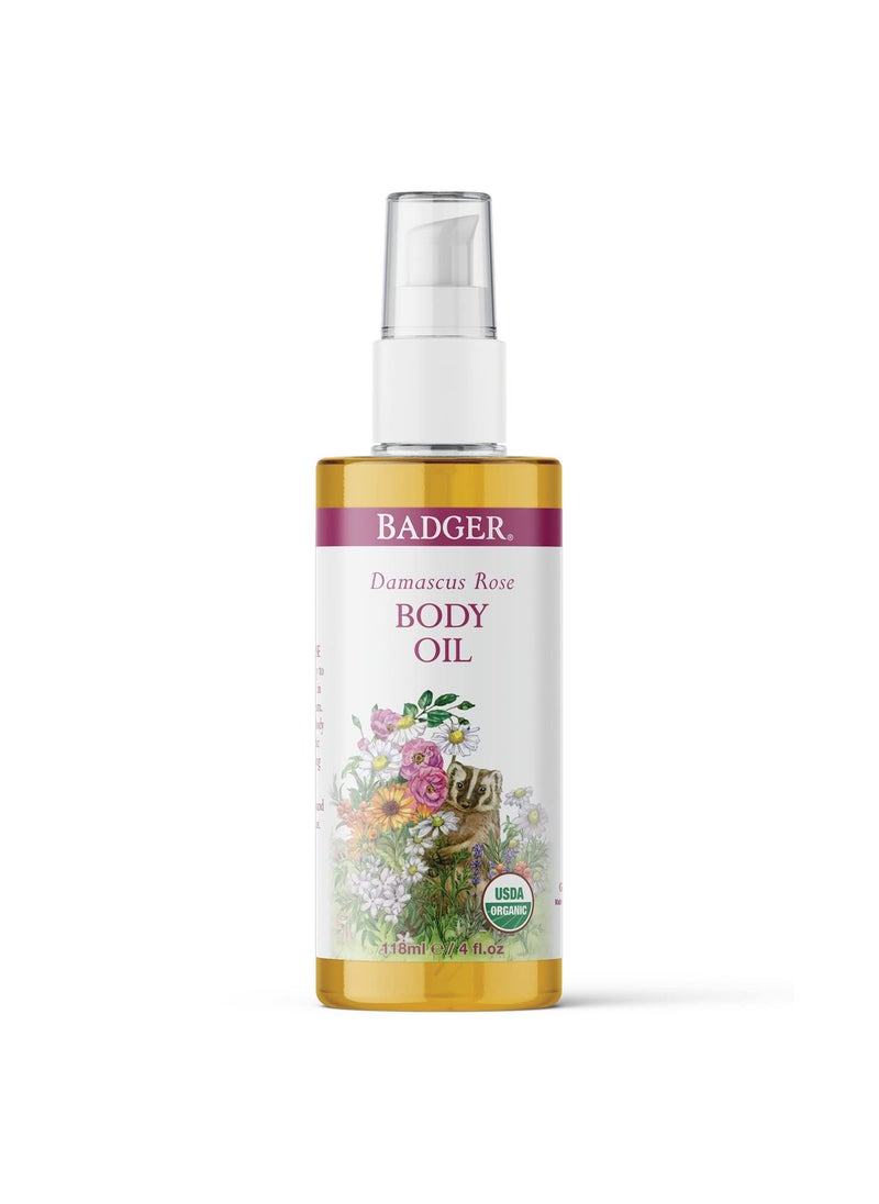 Badger Rose Body Oil, 100% Organic Rose Scented Body Oil, All Natural Body Moisturizer, Organic Jojoba & Rose Oils Soothe Dry Skin, 4 fl oz Glass Bottle