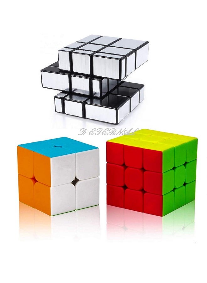 D ETERNAL Speed Cube Combo Set of 2x2 3x3 and Stickered Silver Mirror Puzzle Magic Cubes Toy for Boys Girls and Kids