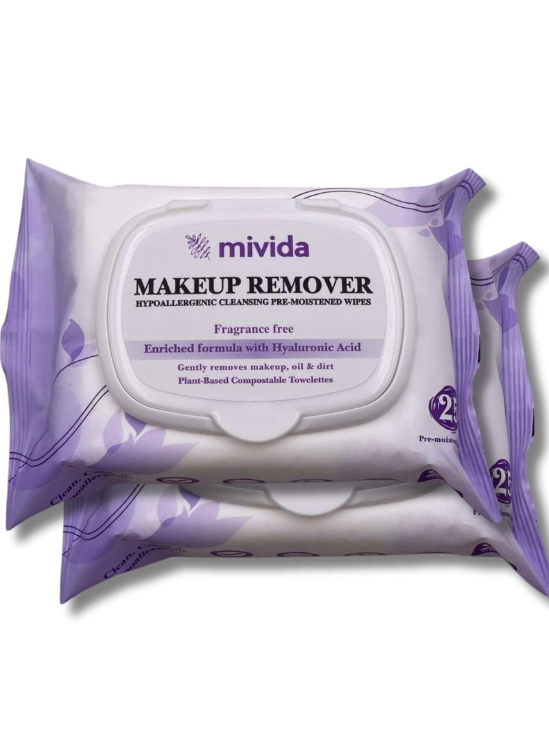 mivida Hypoallergenic Makeup Remover Wipes  2 Pack of 25 Count  Biodegradable Facial Cleansing Makeup Remover Face Wipes with Hyaluronic Acid Fragrance Free Alcohol Free Plant Based Wipes