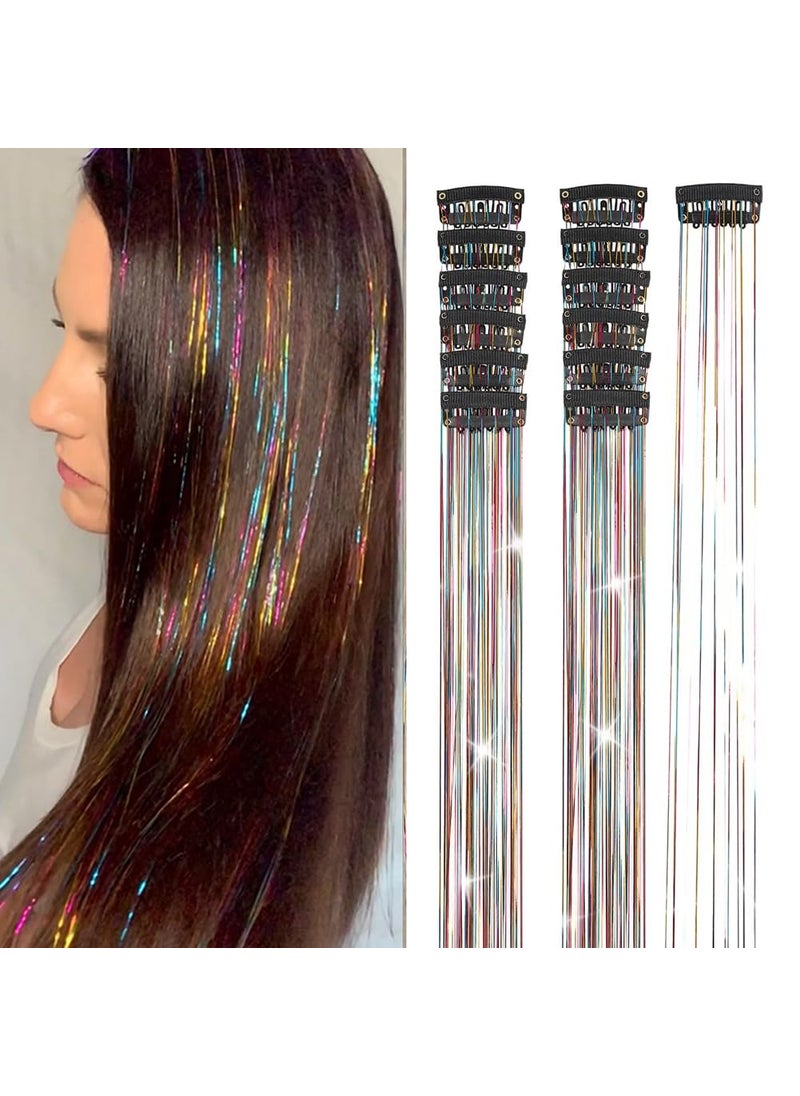 Hair Tinsel 12Pcs Clip in Rainbow Hair Accessories 205 Inch Fairy Hair Tinsel Kit for Women Girls Kids Glitter Hair Extensions for Christmas Halloween New Year Party Rainbow