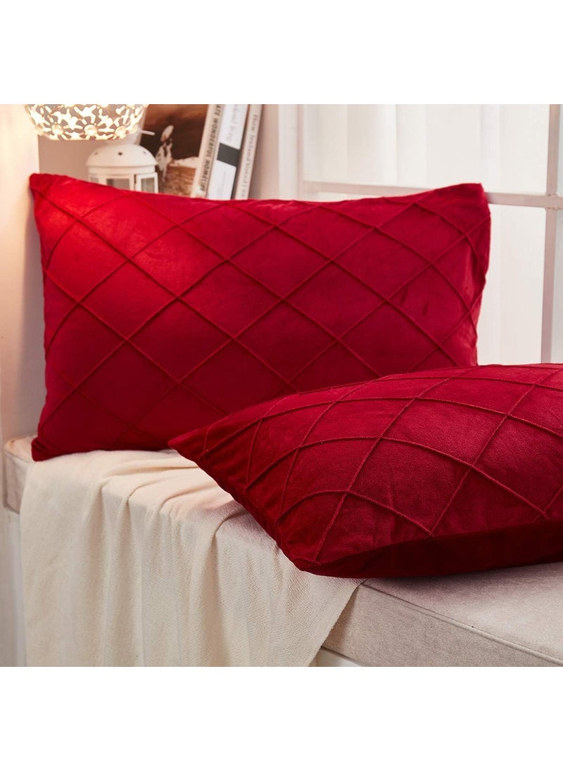 AMICA Luxurious Diamond Pinch Pleated Crystal Velvet Pillowcases Solid Pintuck Throw Cushion Cover for Home Decor Hidden Zipper Closure (Red, 20'' X 30'' Inch)