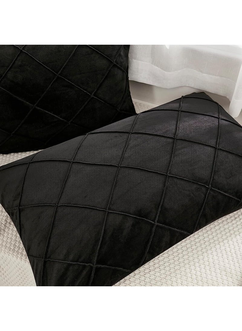 AMICA Luxurious Diamond Pinch Pleated Crystal Velvet Pillowcases Solid Pintuck Throw Cushion Cover for Home Decor Hidden Zipper Closure (Black, 17'' X 27'' Inch)