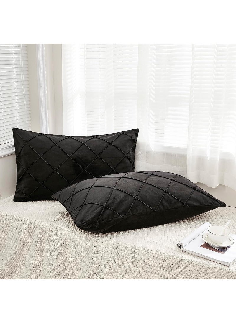 AMICA Luxurious Diamond Pinch Pleated Crystal Velvet Pillowcases Solid Pintuck Throw Cushion Cover for Home Decor Hidden Zipper Closure (Black, 17'' X 27'' Inch)