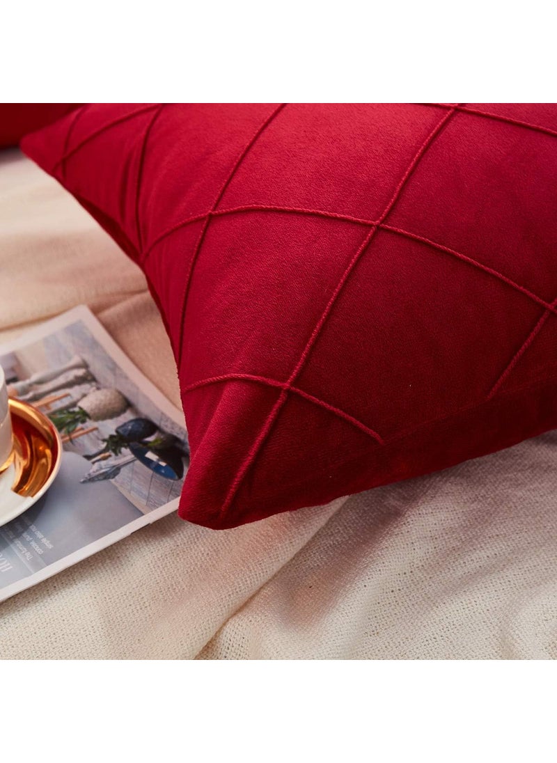 AMICA Luxurious Diamond Pinch Pleated Crystal Velvet Pillowcases Solid Pintuck Throw Cushion Cover for Home Decor Hidden Zipper Closure (Red, 16'' X 24'' Inch)