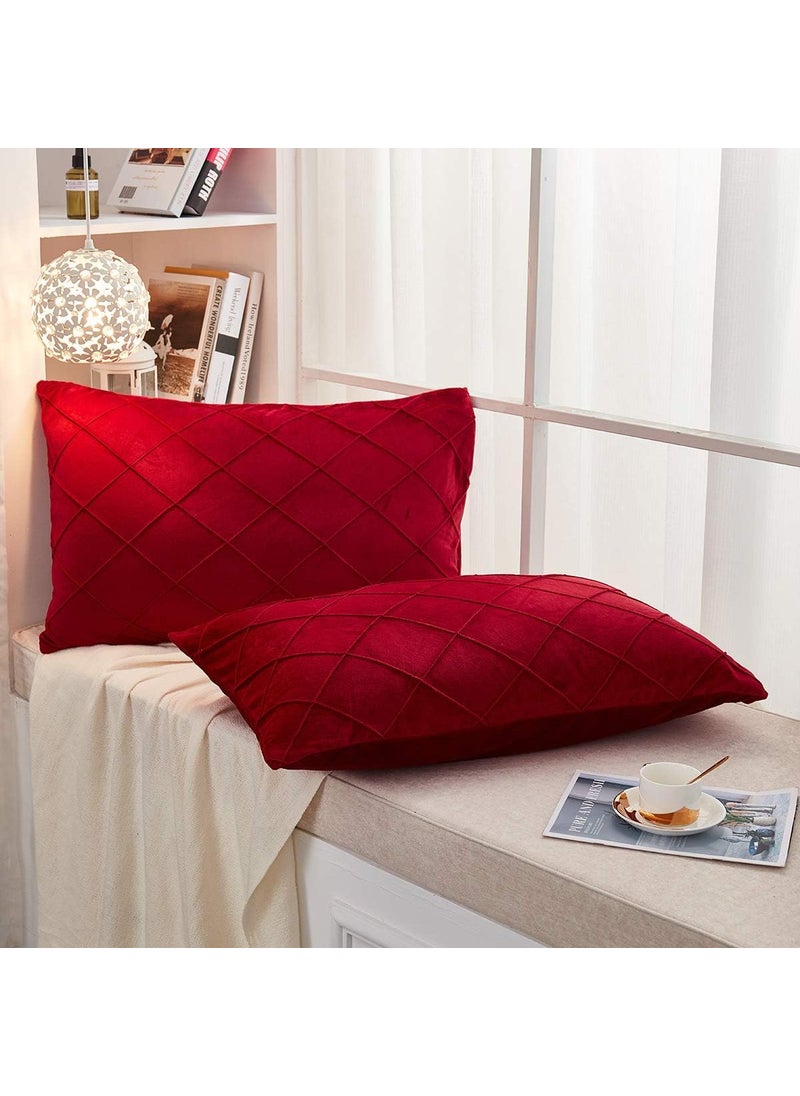 AMICA Luxurious Diamond Pinch Pleated Crystal Velvet Pillowcases Solid Pintuck Throw Cushion Cover for Home Decor Hidden Zipper Closure (Red, 16'' X 24'' Inch)