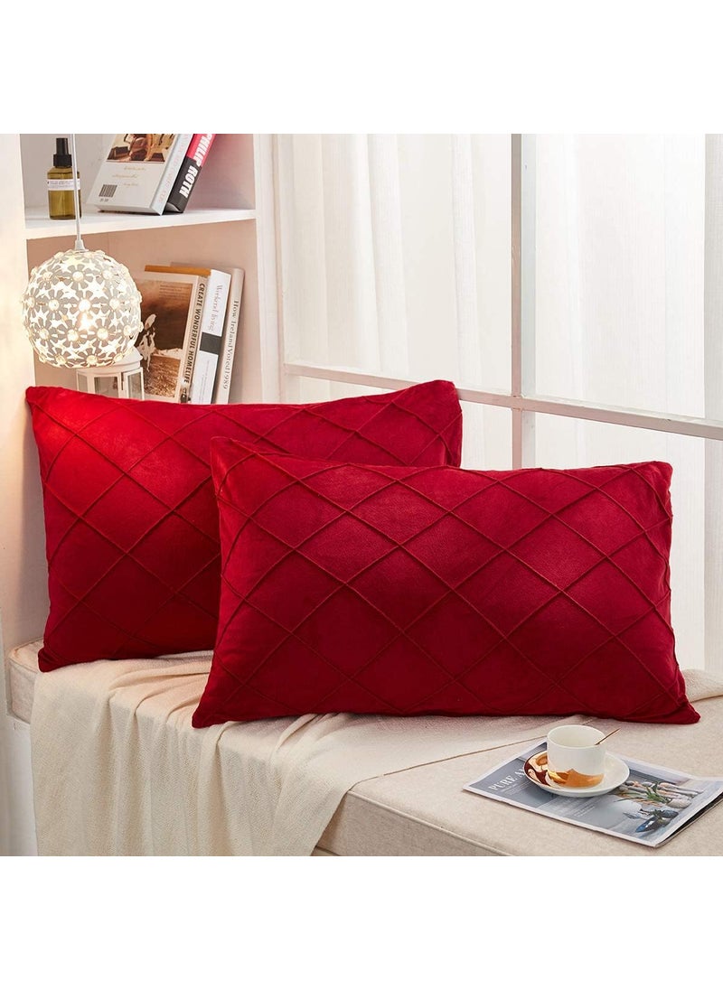 AMICA Luxurious Diamond Pinch Pleated Crystal Velvet Pillowcases Solid Pintuck Throw Cushion Cover for Home Decor Hidden Zipper Closure (Red, 16'' X 24'' Inch)