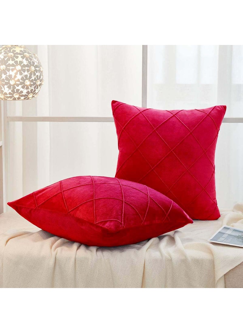 AMICA Luxurious Diamond Pinch Pleated Crystal Velvet Pillowcases Solid Pintuck Throw Cushion Cover for Home Decor Hidden Zipper Closure (Red, 18'' X 18'' Inch)