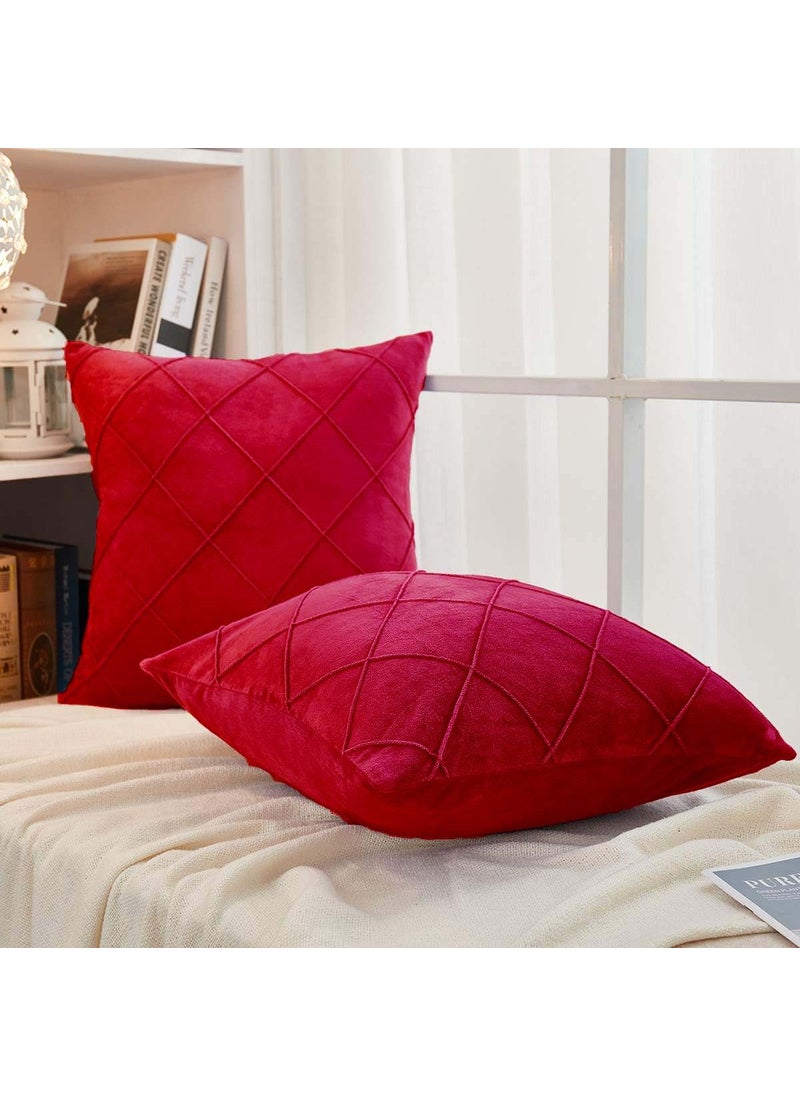 AMICA Luxurious Diamond Pinch Pleated Crystal Velvet Pillowcases Solid Pintuck Throw Cushion Cover for Home Decor Hidden Zipper Closure (Red, 18'' X 18'' Inch)