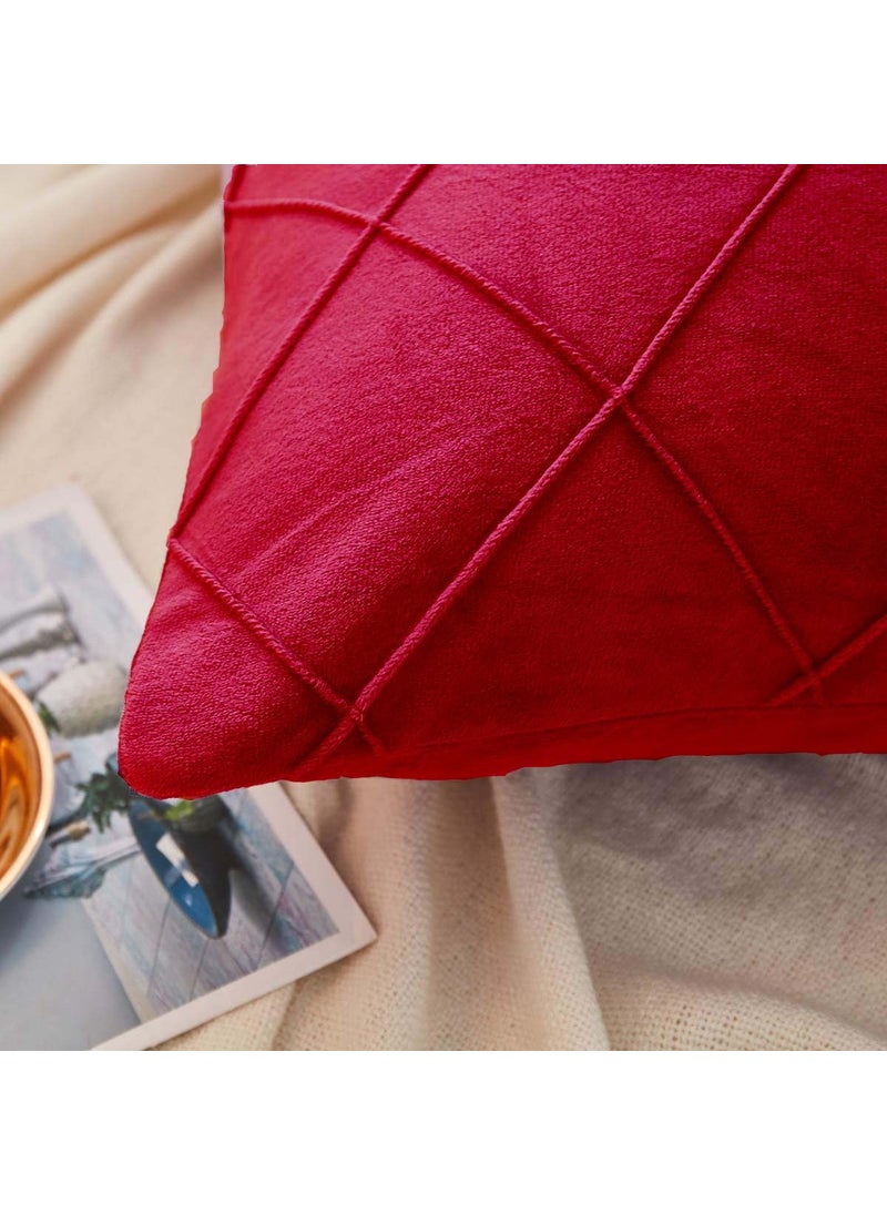 AMICA Luxurious Diamond Pinch Pleated Crystal Velvet Pillowcases Solid Pintuck Throw Cushion Cover for Home Decor Hidden Zipper Closure (Red, 18'' X 18'' Inch)