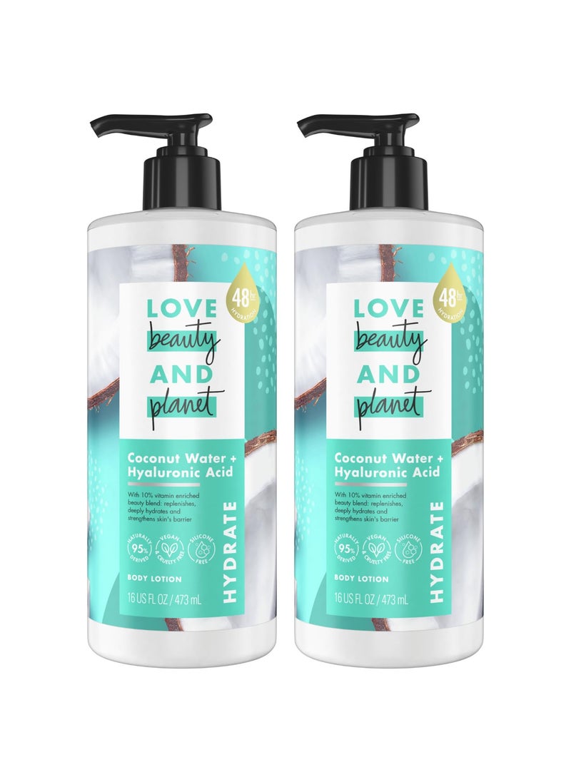 Love Beauty And Planet Lotion - Moisturizing Coconut Lotion with Hyaluronic Acid, Natural Body Lotion for Women, Dry Skin Lotion Scented with Mimosa Flower Extract, 16 Fl Oz (Pack of 2)