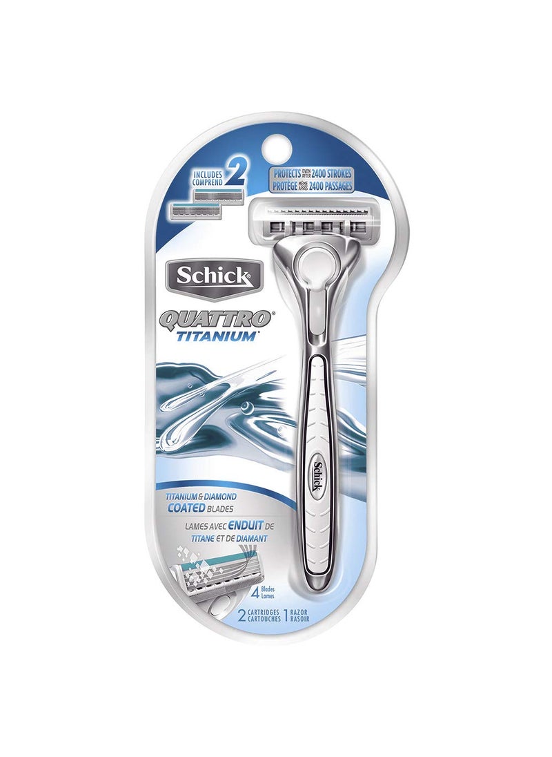 Schick Quattro Razor & Cartridges, Titanium Coated Blades, 1 Razor, 2 Cartridges , Packaging May Vary