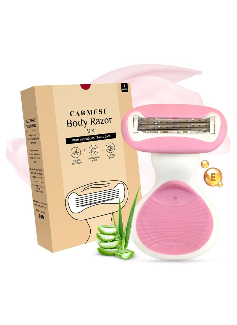 Carmesi women Body Razor Mini with Travel Case  Pink  5Blade Precision  Lubrication Strip Infused with Aloe Vera  Vitamin E  for Smooth Shave  1 Count