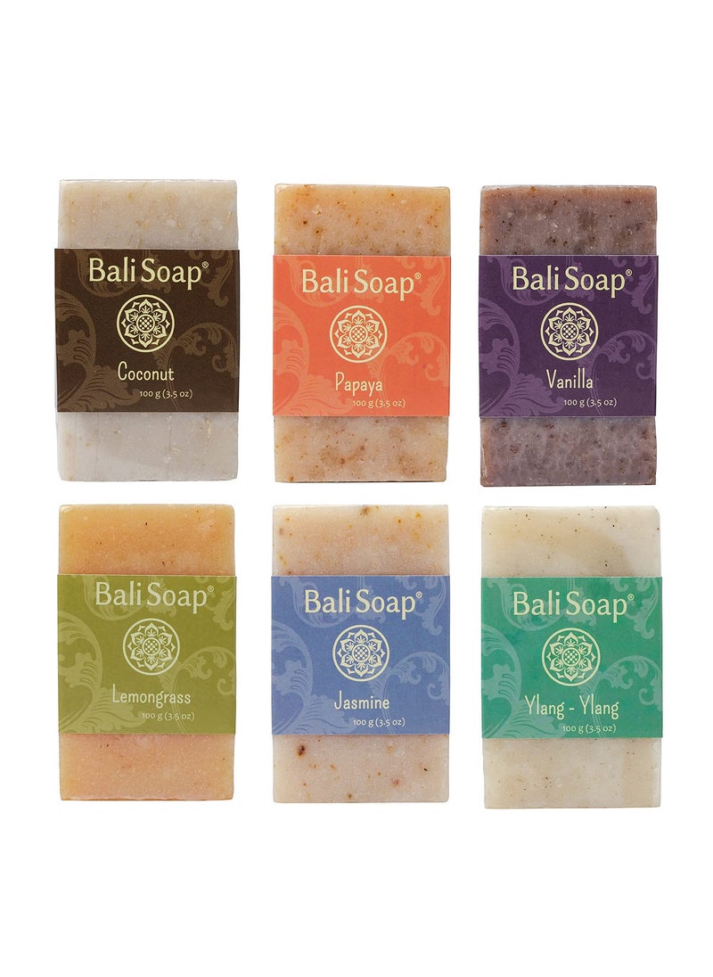 Bali Soap - Green Collection - Natural Soap Bar Gift Set, Face Soap or Body Soap, 6 pc Variety Soap Pack (Coconut, Papaya, Vanilla, Lemongrass, Jasmine, Ylang-Ylang) 3.5 Oz each