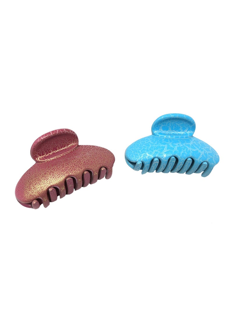 Parcelona French Clamp Matte Pink and Blue with Crackled Pattern Covered Spring Small Celluloid Tight Grip Jaw Hair Claw Clips - 2 pieces