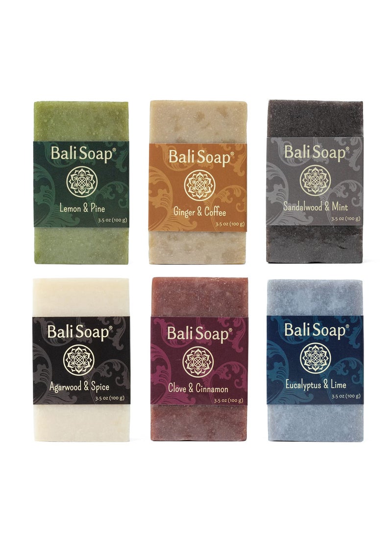 Bali Soap - Masculine Collection Natural Soap Bar Gift Set, 6 pc Variety Pack, Lemon-Pine, Ginger-Coffee, Sandalwood-Mint, Agarwood-Spice, Clove-Cinnamon, Eucalyptus-Lime 3.5 Oz each