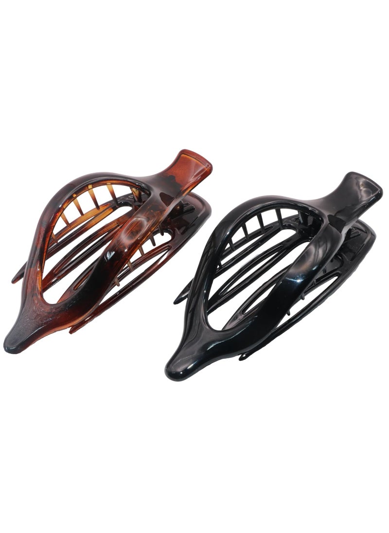 Parcelona French 2 Pieces Wide Beak Celluloid Tortoise Shell and Black Side Slide In Jaw Hair Claw Clip Clamp Clutcher