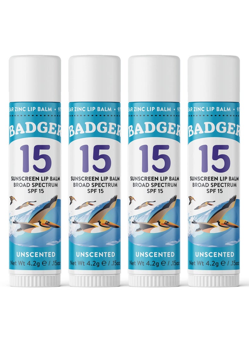 Badger Mineral Sunscreen Lip Balm SPF 15, Reef Safe, Zinc Oxide, Unscented, Travel Size, SPF Lip Balm Sunscreen Stick, .15 oz 4-Pack