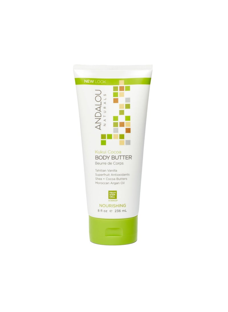 Andalou Naturals Body Butter, Kukui Cocoa Nourishing Body Cream, 8 Oz, Shea Butter, Cocoa Butter & Argan Oil for Dry Skin, Vegan