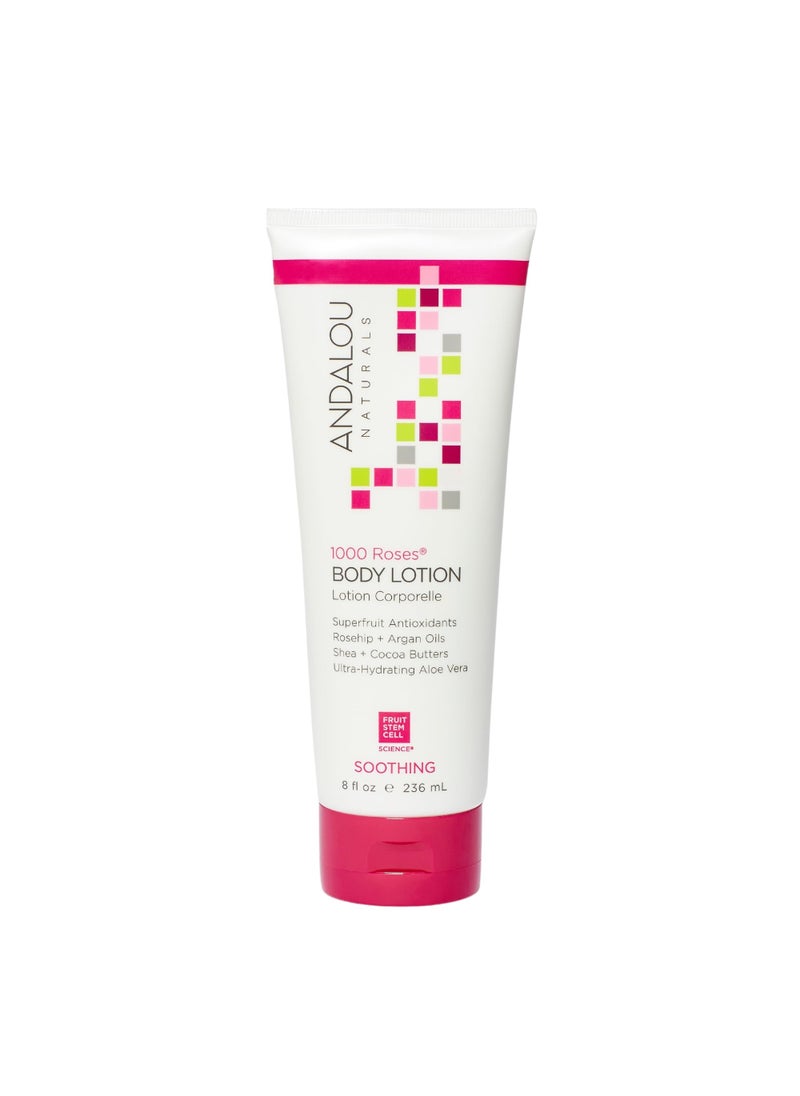 Andalou Naturals 1000 Roses Soothing Body Lotion, with Cocoa + Shea Butter, Aloe & Rosehip, Hydrating Sensitive Skin Lotion for Dry Skin, 8 Fl. Oz
