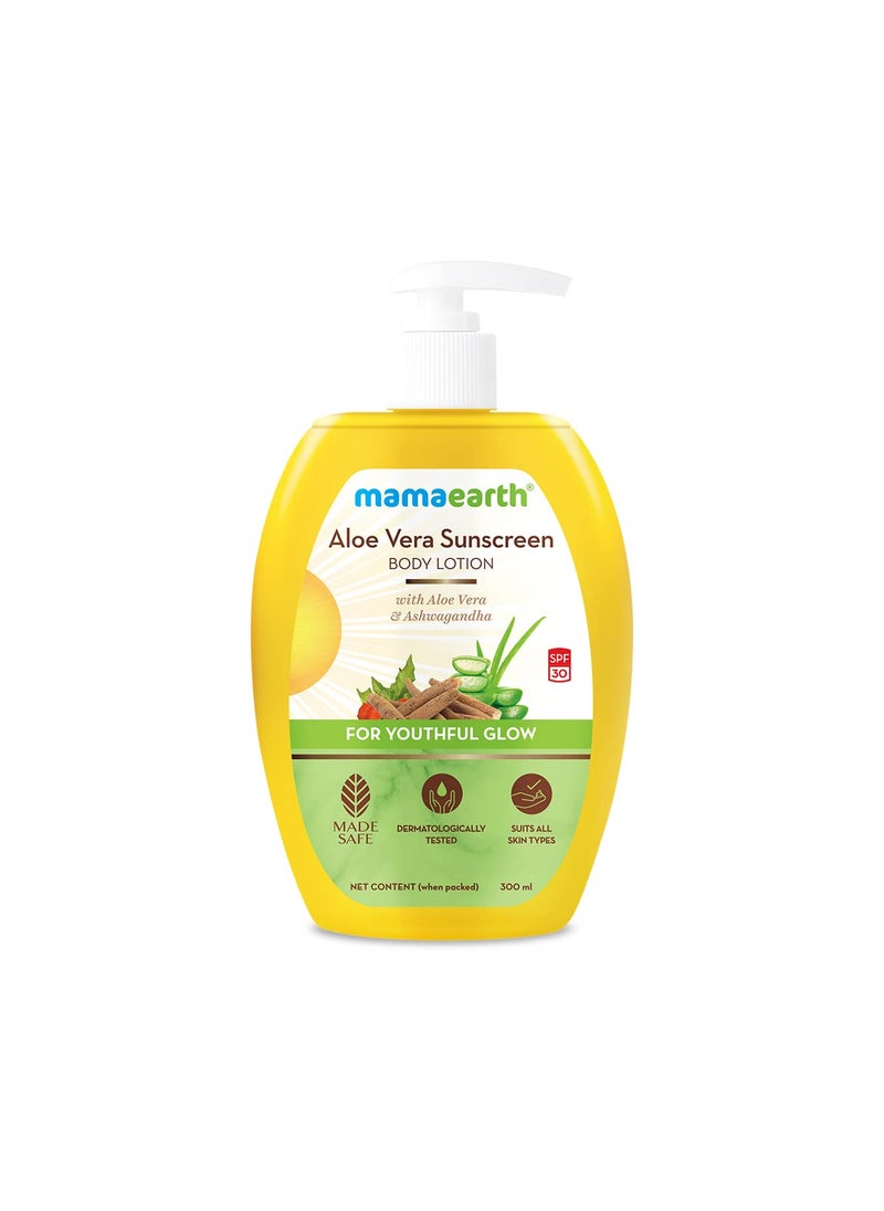 Mamaearth Aloe Vera SPF 30 Sunscreen Body Lotion | Helps Prevent Tanning & Adds Glow to Skin | Lightweight & Non-Greasy | Suits All Skin Types | 10.14 Fl Oz/300ml
