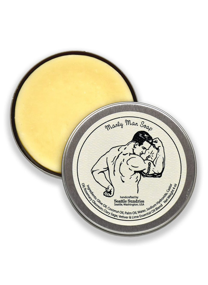 Seattle Sundries Manly Man Soap Bar, Gift for Dad - 1 (4oz) Handmade Natural Mens Bar Soap, Classic Masculine Scent Stocking Stuffer in a Retro Gift Tin