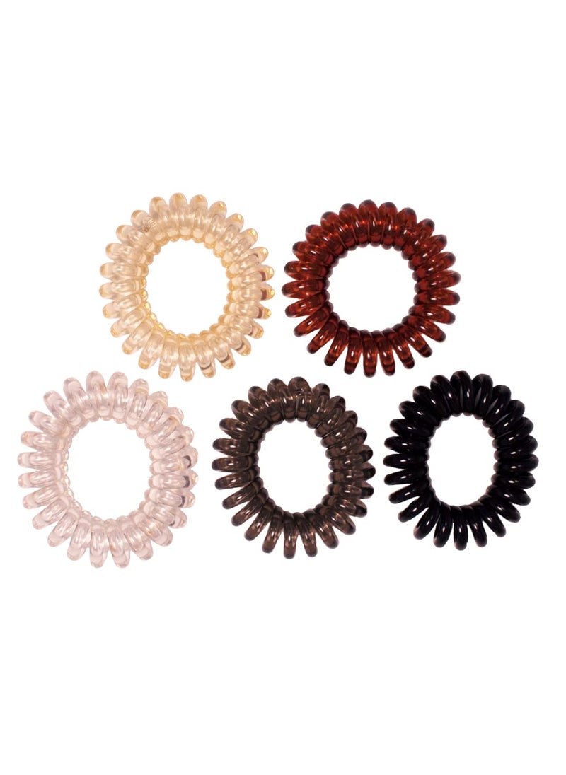 Mia Twist Os Spiral Hair Ties Coil Rubber Bands Phone Cord Hair Elastics In Zippered Storage Pouch GENTLE On The Hair Natural Colors Black Charcoal Gray Clear Gray Brown Cream 5pcs