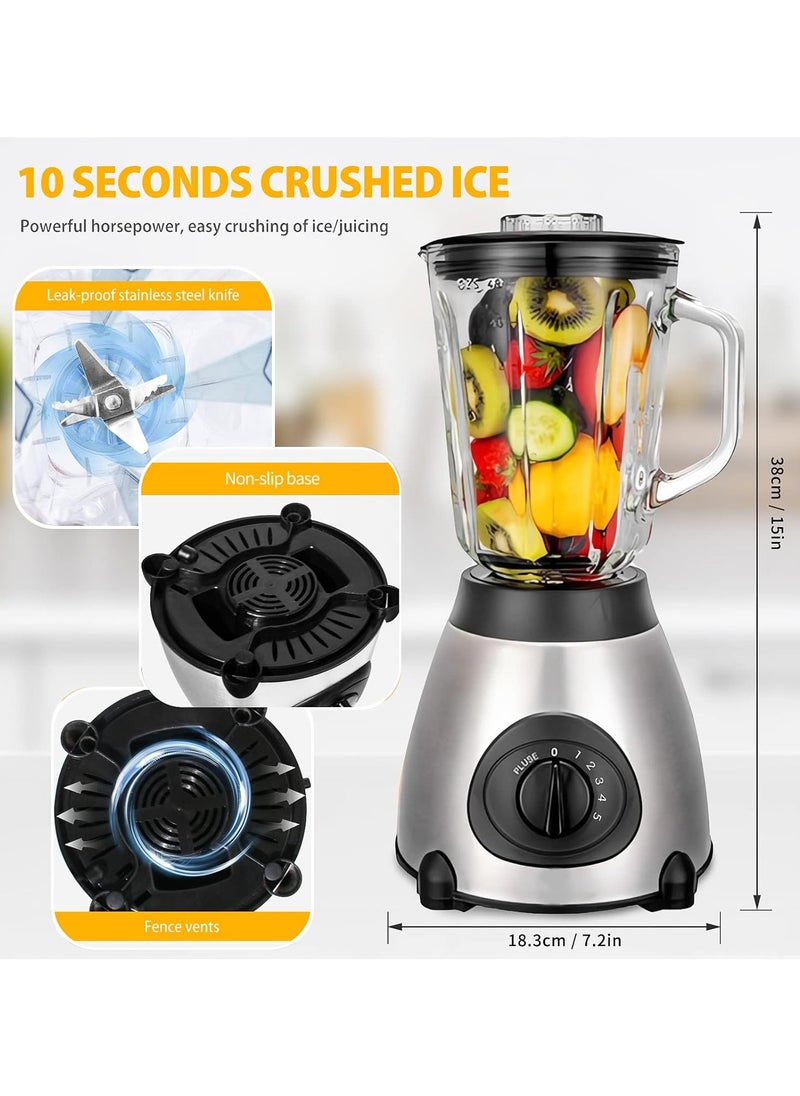 1.5L Smoothie Blender, Multifunctional Electric Blender, Mini Blender, 650W, 1.5L 2 in 1 Fruit and Vegetable Blender, Glass Cutter, Chopper, Smoothie Blender, 5 Speeds + Pulse, High Performance Motor,