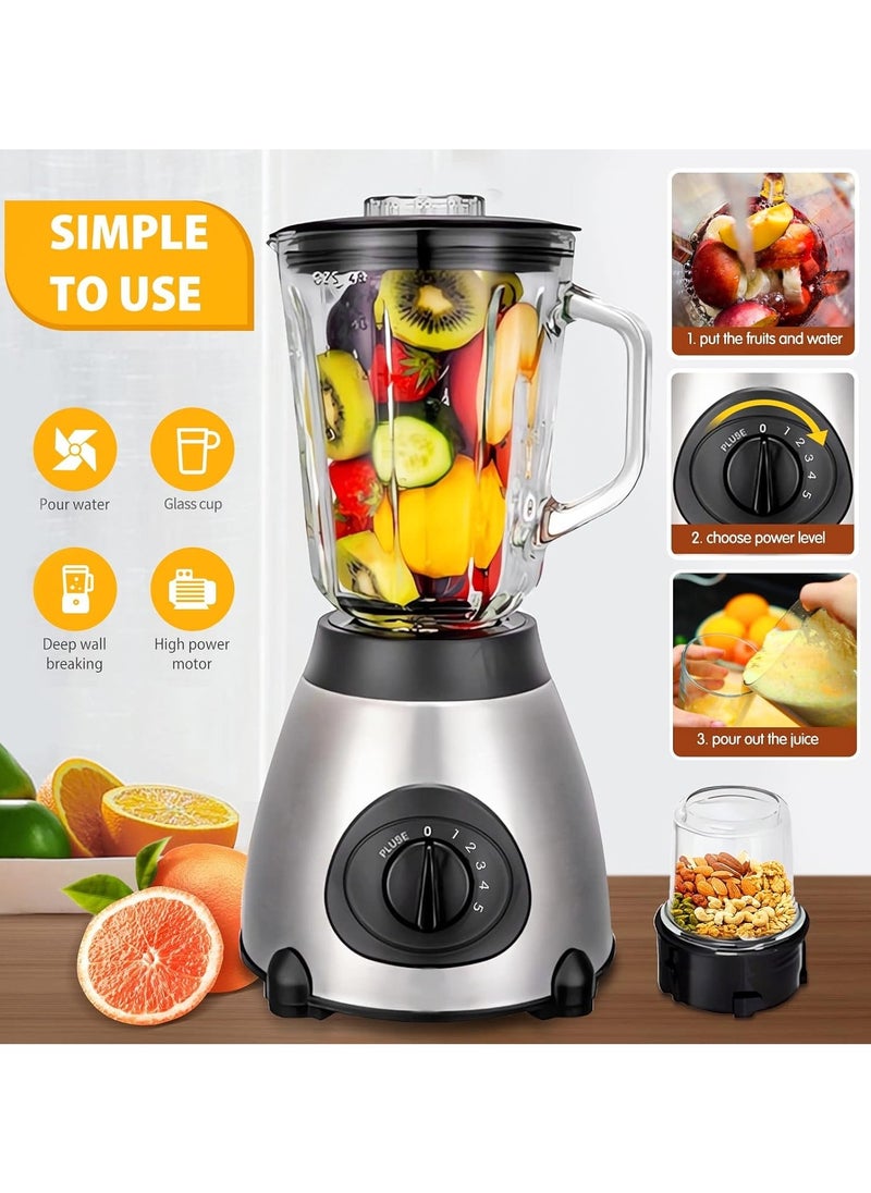 1.5L Smoothie Blender, Multifunctional Electric Blender, Mini Blender, 650W, 1.5L 2 in 1 Fruit and Vegetable Blender, Glass Cutter, Chopper, Smoothie Blender, 5 Speeds + Pulse, High Performance Motor,