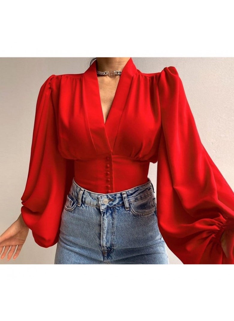 New Temperament Button V-neck Top Shirt