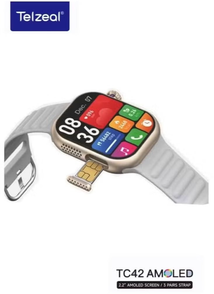 TC42 AMOLED 4G Smartwatch with 2.2 Inch AMOLED Display, 8MP Camera, SIM Card Slot, 3 Pair Straps & Charging Cable, Designed for Ladies and Gents, Silver