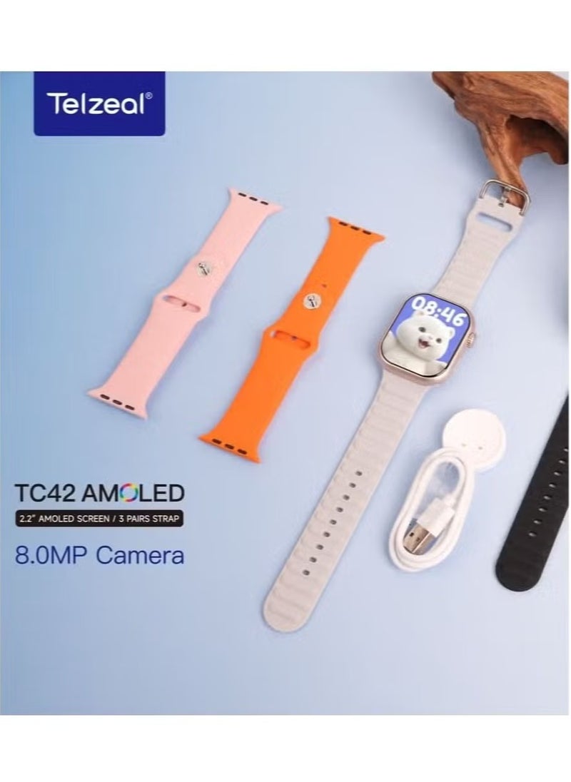 TC42 AMOLED 4G Smartwatch with 2.2 Inch AMOLED Display, 8MP Camera, SIM Card Slot, 3 Pair Straps & Charging Cable, Designed for Ladies and Gents, Silver