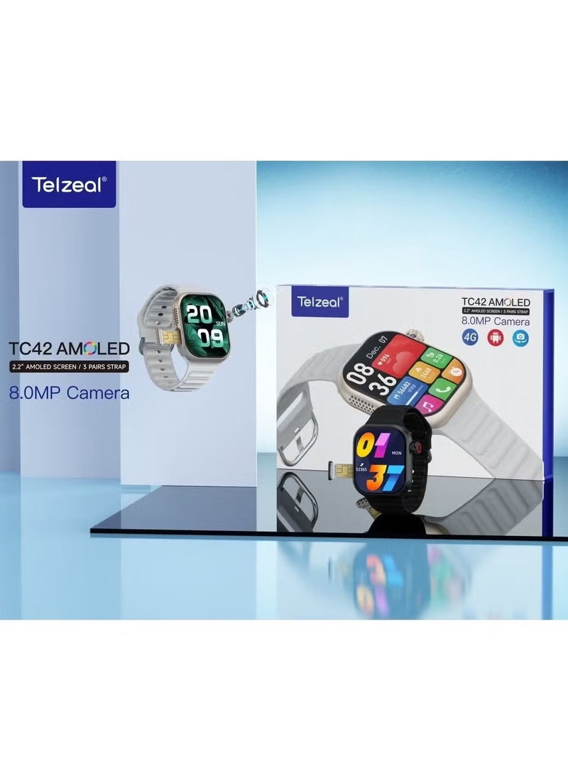 TC42 AMOLED 4G Smartwatch with 2.2 Inch AMOLED Display, 8MP Camera, SIM Card Slot, 3 Pair Straps & Charging Cable, Designed for Ladies and Gents, Silver
