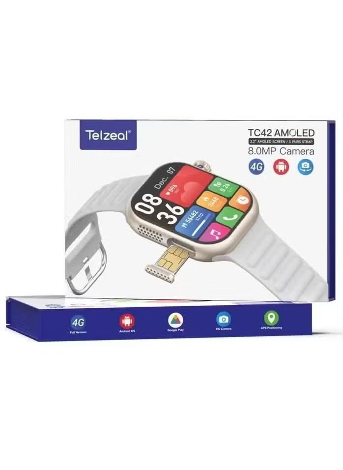 TC42 AMOLED 4G Smartwatch with 2.2 Inch AMOLED Display, 8MP Camera, SIM Card Slot, 3 Pair Straps & Charging Cable, Designed for Ladies and Gents, Silver