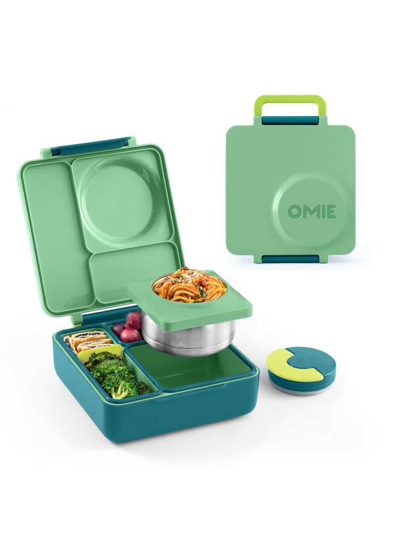 OmieBox Bento Box for Kids - Insulated Stainless Steel Bento BPA free Lunch Box with Leak Proof Thermos Food Jar - 3 Compartments, Two Temperature Zones for Hot & Cold Food - 1390ml (Meadow)