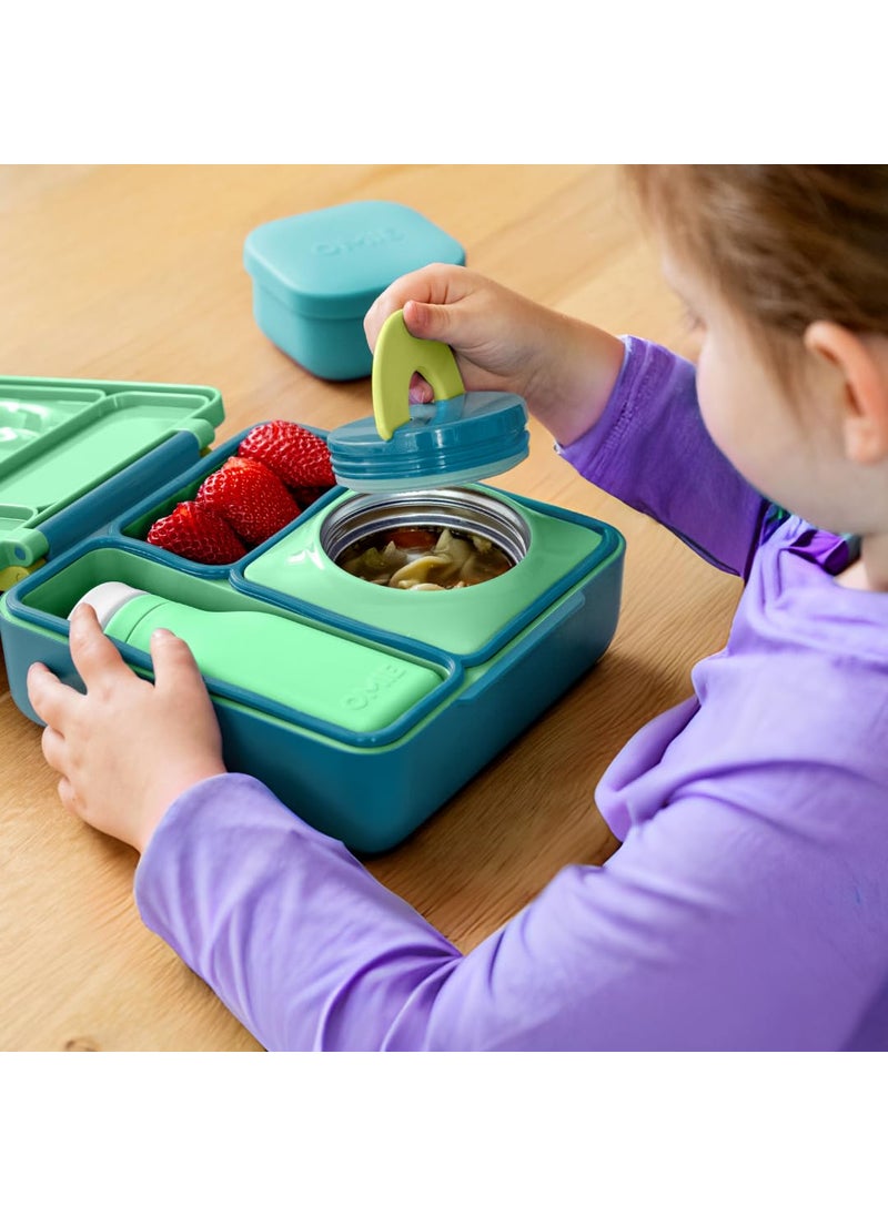OmieBox Bento Box for Kids - Insulated Stainless Steel Bento BPA free Lunch Box with Leak Proof Thermos Food Jar - 3 Compartments, Two Temperature Zones for Hot & Cold Food - 1390ml (Meadow)