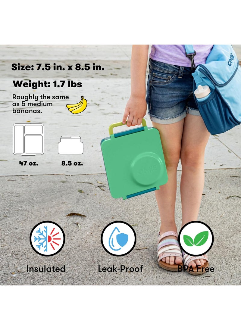 OmieBox Bento Box for Kids - Insulated Stainless Steel Bento BPA free Lunch Box with Leak Proof Thermos Food Jar - 3 Compartments, Two Temperature Zones for Hot & Cold Food - 1390ml (Meadow)