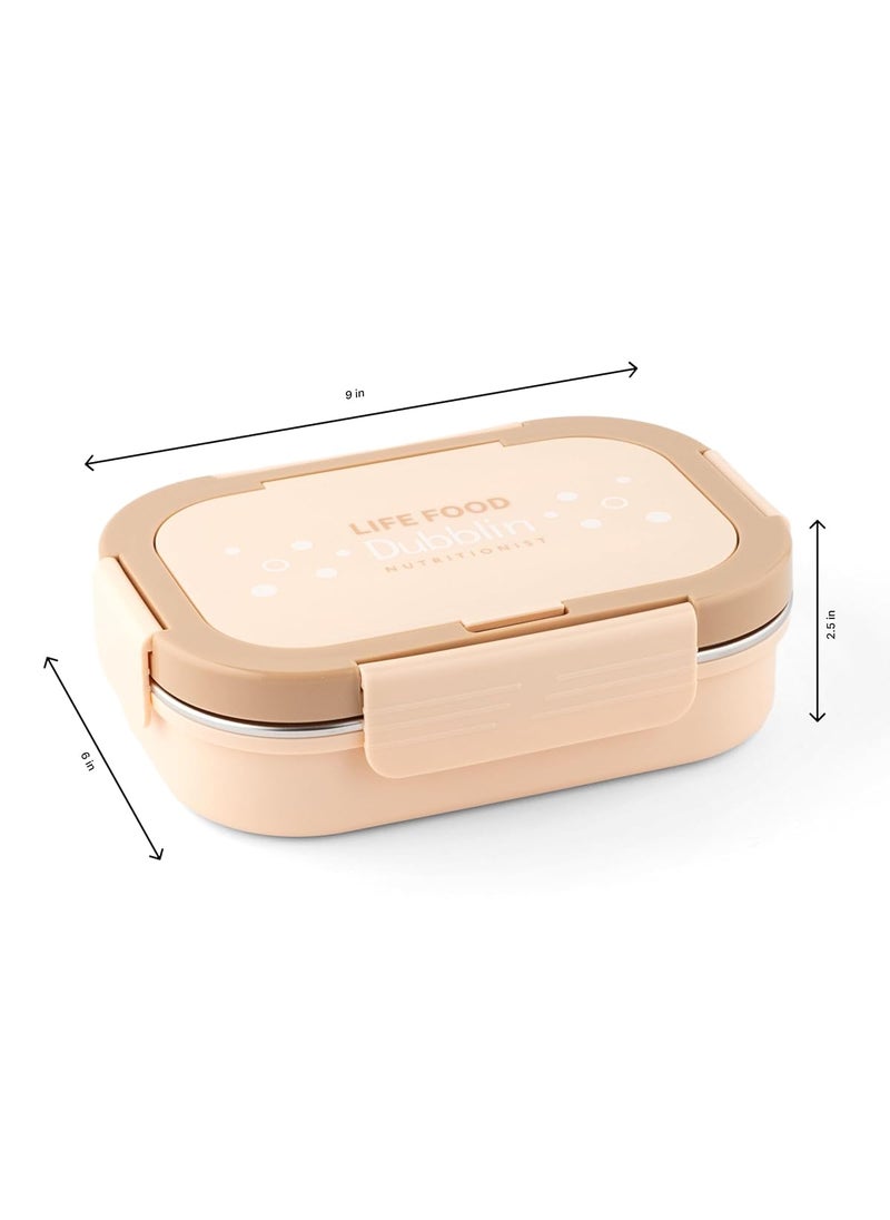 DUBBLIN Bento Two Compartment Lunch Box | BPA-Free Insulated Body | Four-Side Lock | Durable & Compact with Spoon & Sabzi Container Inside, Brown,750ml