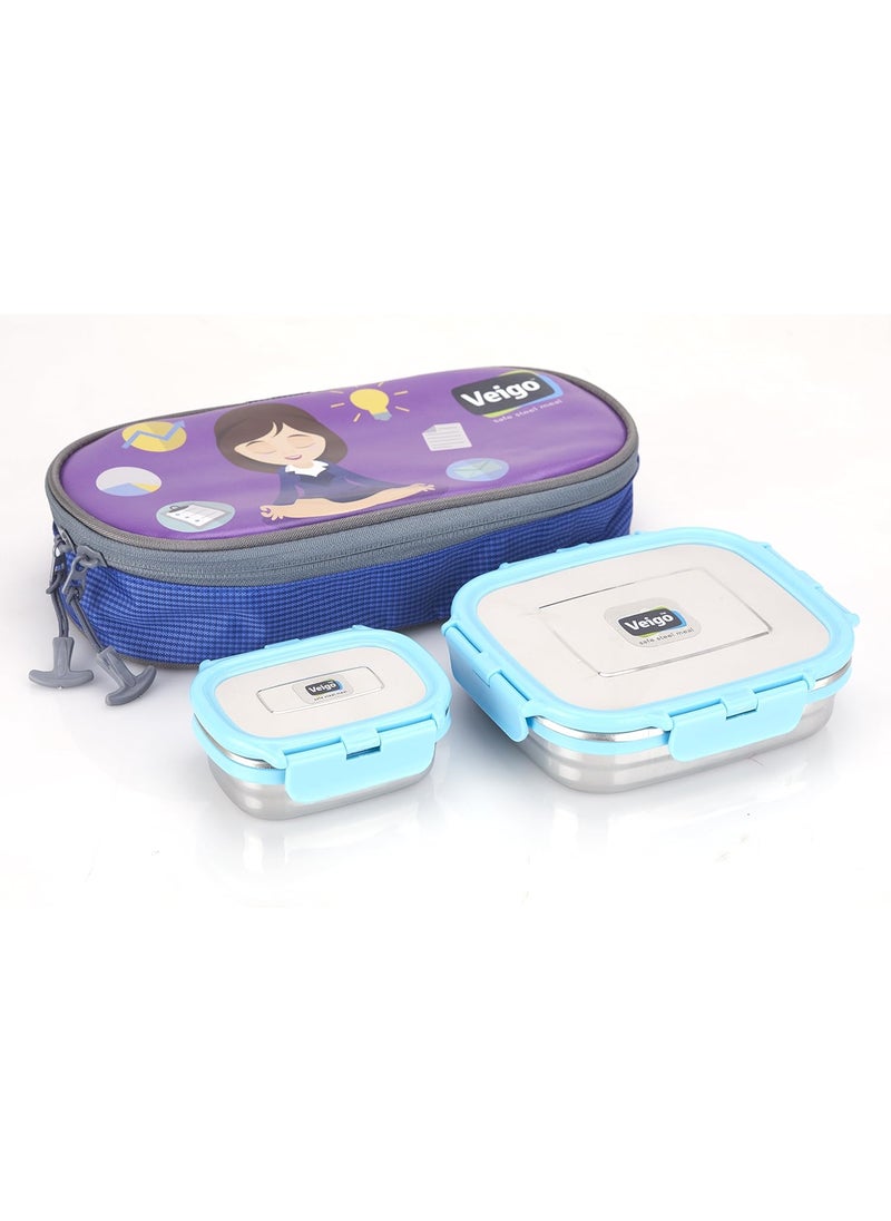 Veigo Lock & Still Lunch Box with 1 Small Compartment & Bag Airtight Leakproof Lunch Box Sleek & Compact Design Easy to Carry with Bag Perfect for Office,School,Outdoor-600ml+150ml Sky Blue
