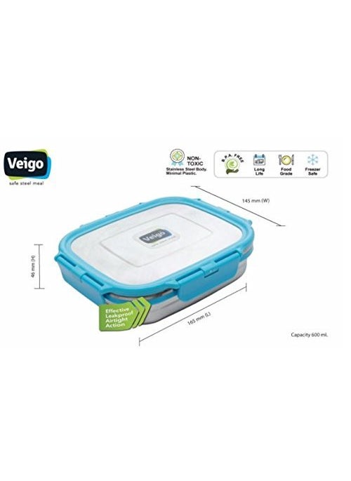 Veigo Lock & Still Lunch Box with 1 Small Compartment & Bag Airtight Leakproof Lunch Box Sleek & Compact Design Easy to Carry with Bag Perfect for Office,School,Outdoor-600ml+150ml Sky Blue