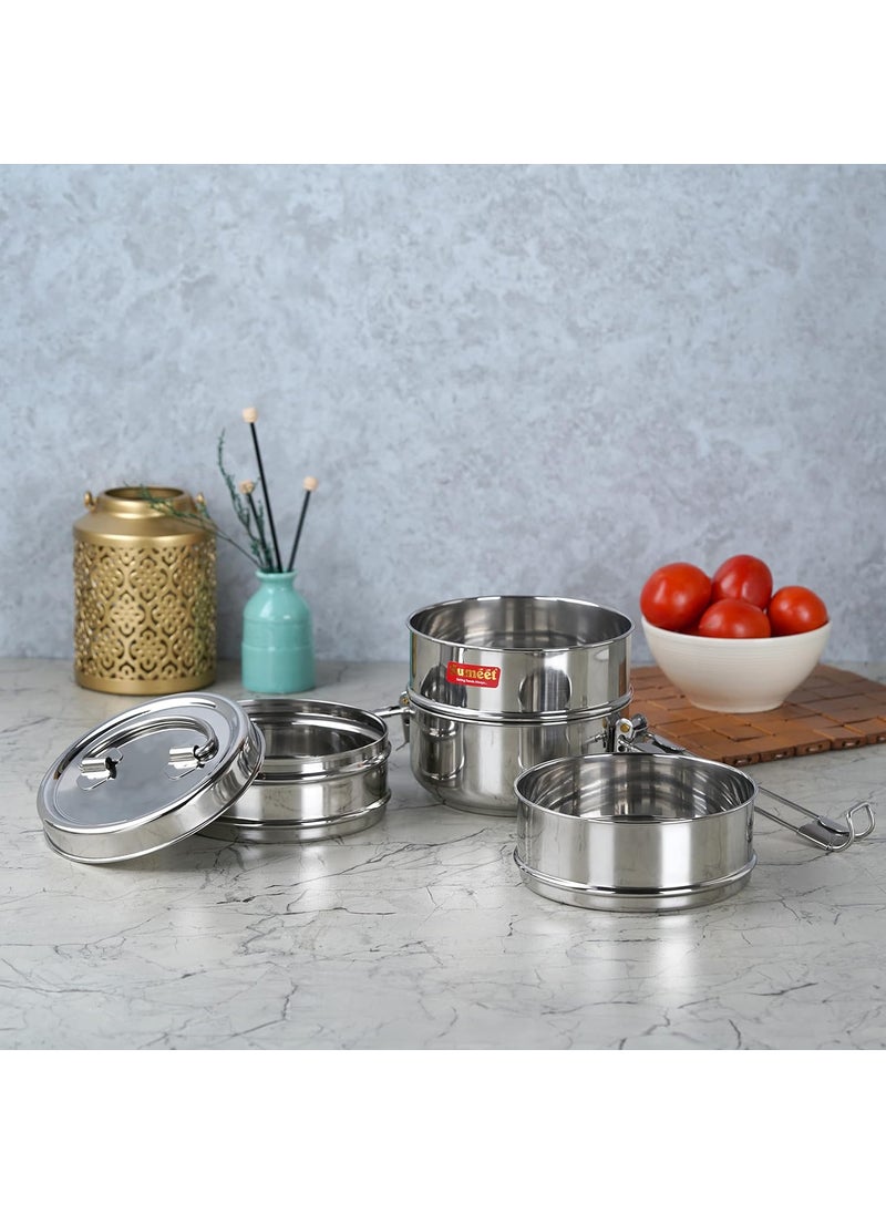 Sumeet Stainless Steel 4 Compartment Lunch Box/Tiffin with Lid and Handle, 11.5Cm Dia, (2000ML, Silver)