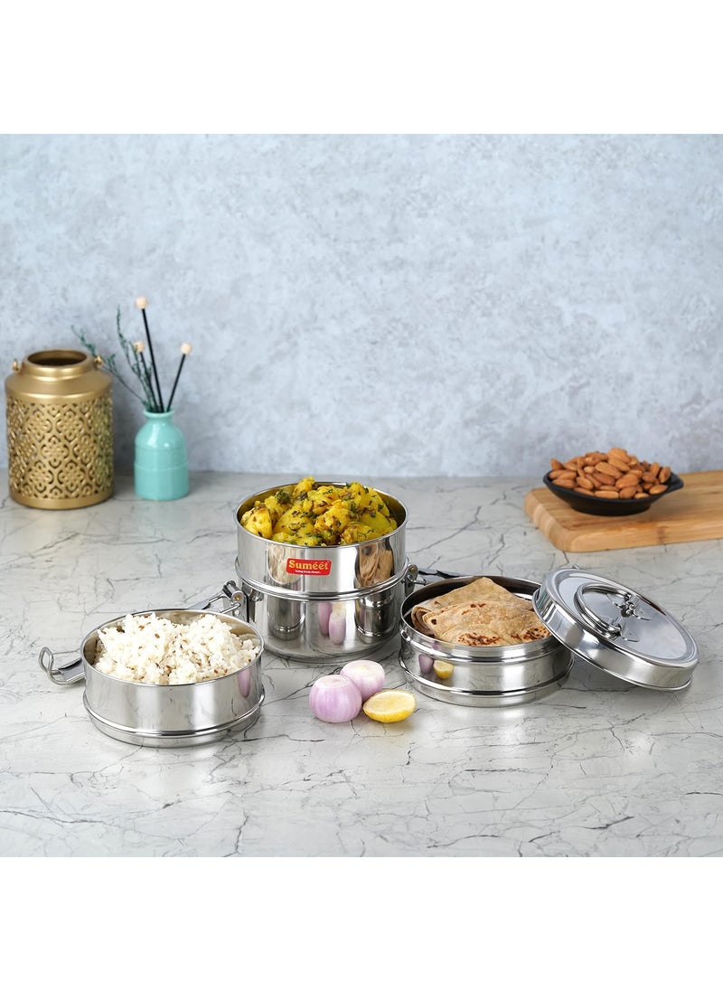 Sumeet Stainless Steel 4 Compartment Lunch Box/Tiffin with Lid and Handle, 11.5Cm Dia, (2000ML, Silver)