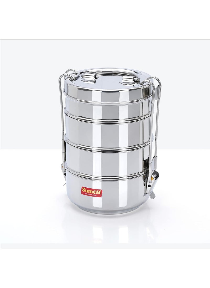 Sumeet Stainless Steel 4 Compartment Lunch Box/Tiffin with Lid and Handle, 11.5Cm Dia, (2000ML, Silver)