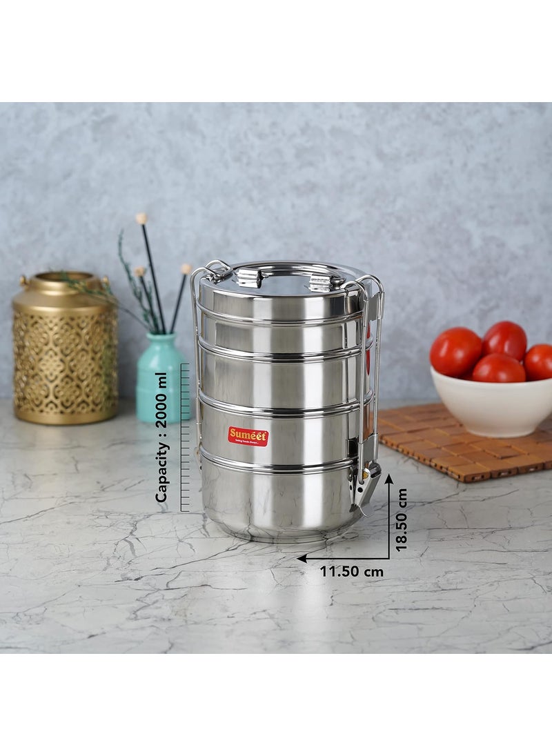 Sumeet Stainless Steel 4 Compartment Lunch Box/Tiffin with Lid and Handle, 11.5Cm Dia, (2000ML, Silver)