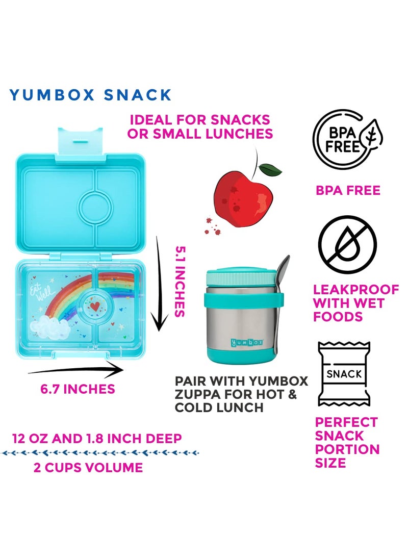 Yumbox Snack Bento Box for Kids & Adults - 3 compartment Portable Lunch Box - ABS Exterior Box, removable Titan Tray & Silicone Seal - BPA and phthalates-free - Aqua Blue Exterior, Rainbow tray, 480ml