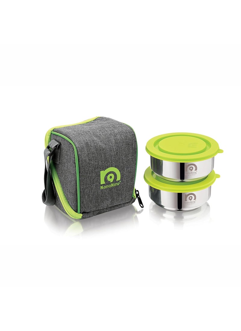 NanoNine Tiffiny Small Pro Double Wall Insulated Stainless Steel Lunch Box with Bag, 375 ml, 2 pc, Green