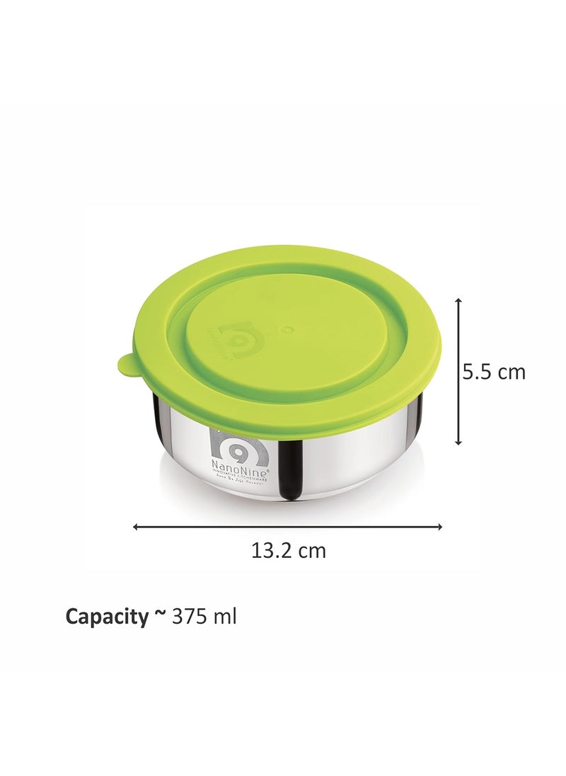 NanoNine Tiffiny Small Pro Double Wall Insulated Stainless Steel Lunch Box with Bag, 375 ml, 2 pc, Green